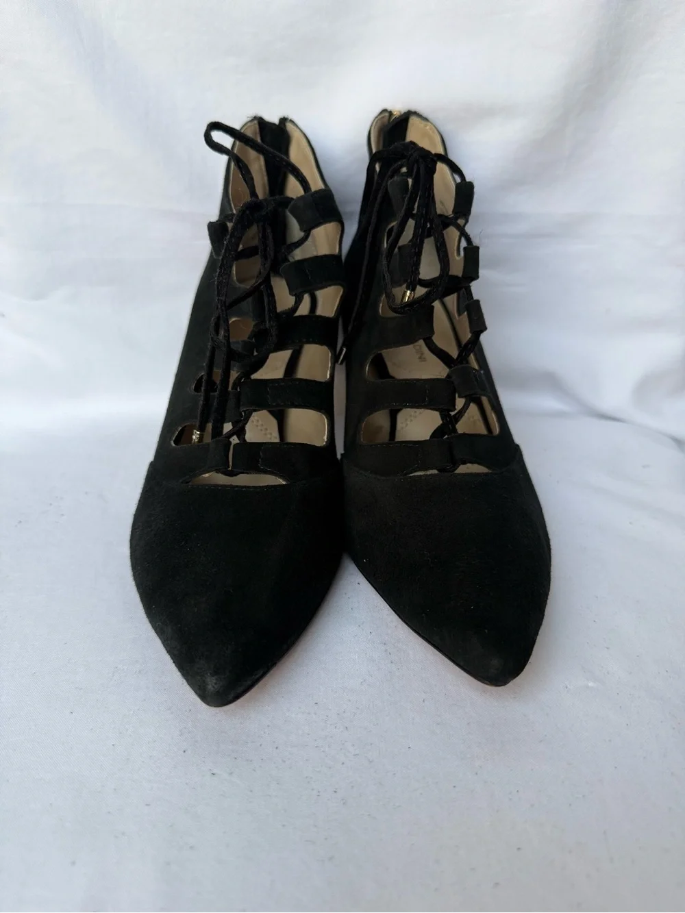 Adrienne Vittadini Leather Black Lace-Up Cutout Pointed Toe Heels